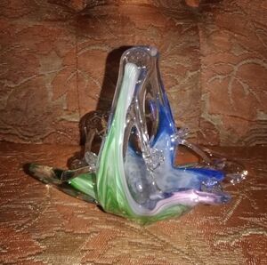 Glass Blown Basket Miniature Blue Green Pink 5" Long 4 1/2" Tall